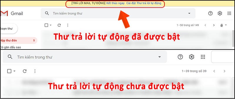 sự khác nhau giữa bật và chưa bật tính năng Thư trả lời tự động